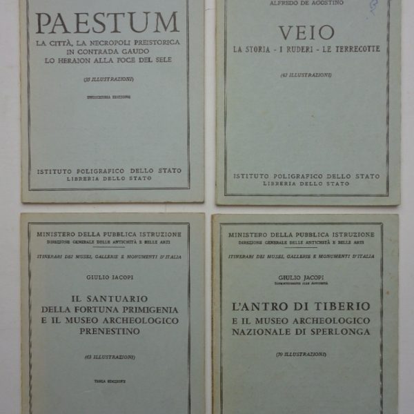 Veio. La storia, i ruderi, le terrecotte (Alfredo De Agostino). L'antro di Tiberio e il Museo Archeologico Nazionale di Sperlonga (Giulio Iacopi). Il santuario della Fortuna Primigenia e il Museo archeologico prenestino (Giulio Iacopi). Paestum. La città, la necropoli preistorica in contrada Gaudo, lo Heraion alla foce del Sele (Pellegrino Claudio Sestieri).